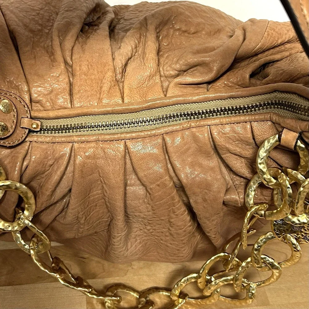 Vtg Y2k Juicy Couture Brown Leather Bag Slouchy Hobo Chunky Gold Chain Boho